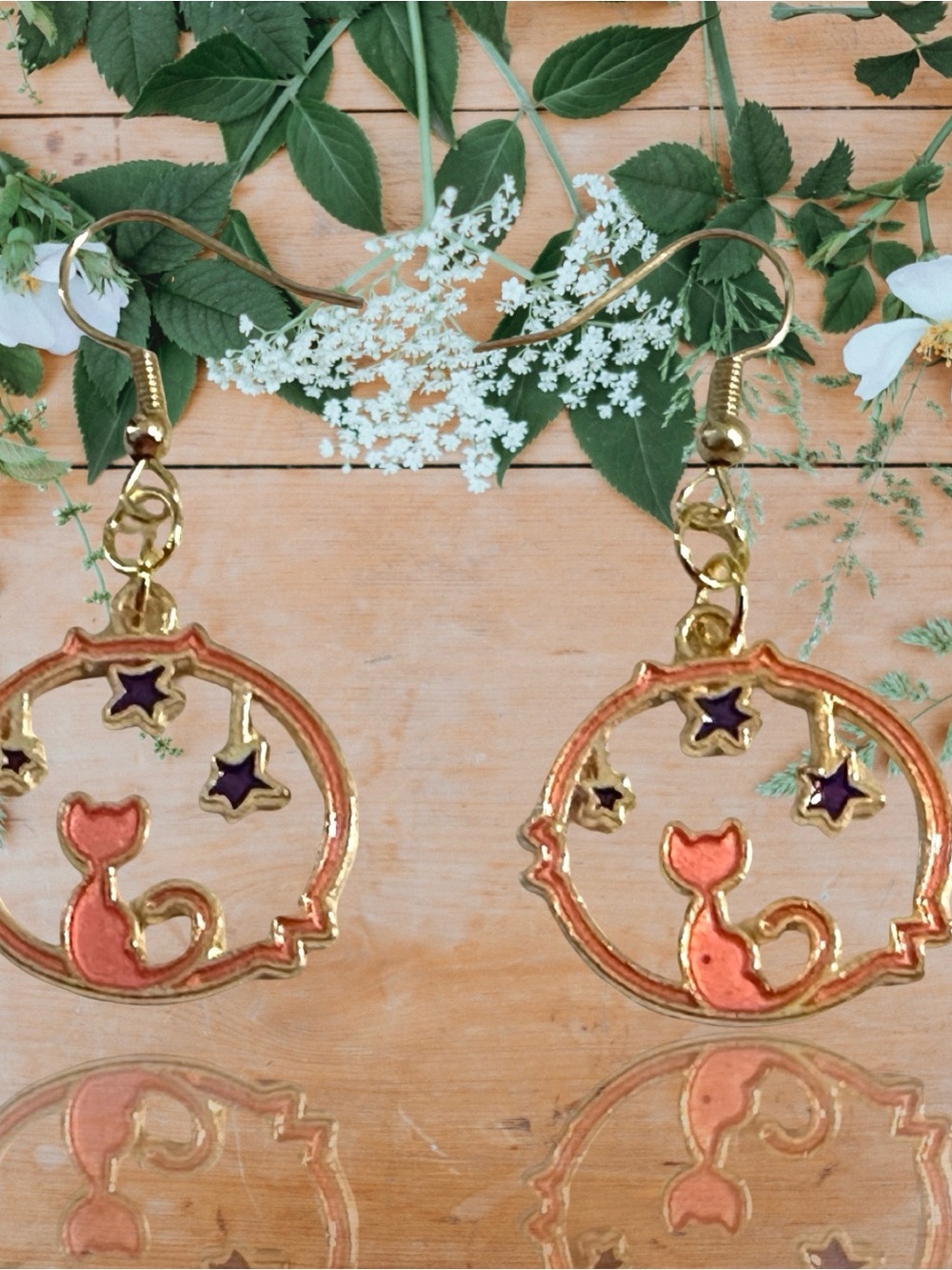 Handmade Gold Cat & Stars Drop Earrings in Pink and Purple Enamel
